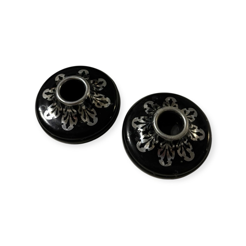 Pair Vintage Art Deco Harvite Candle Holder Black Early Plastic & Silver Inlay